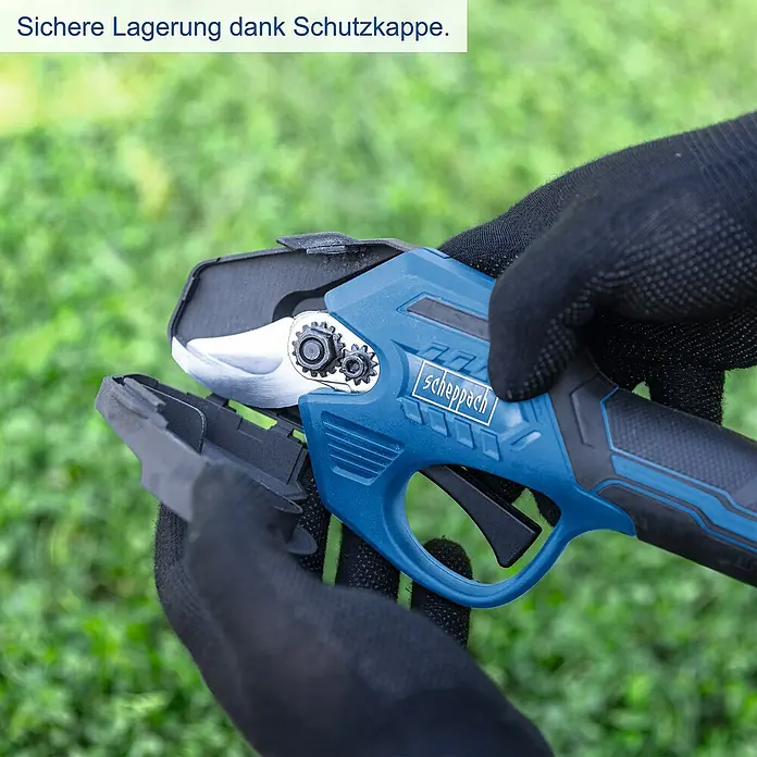 Scheppach IXES 20V Akku-Astschere BC-PRS28-X Set S - 20 V, 1 Akku, Li-Ionen - Sichere Lagerung dank Schutzkappe.