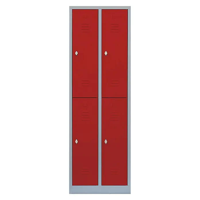 Lüllmann Spind XL - H x B x T: 195 x 60 x 50 cm, Lichtgrau/Feuerrot, Fertig montiert, Anzahl Fächer: 4 Stk. - Rote Spinde mit vier Fächern und silbernem Rahmen, ideal für Schulen oder Umkleideräume, bieten sichere Aufbewahrung.