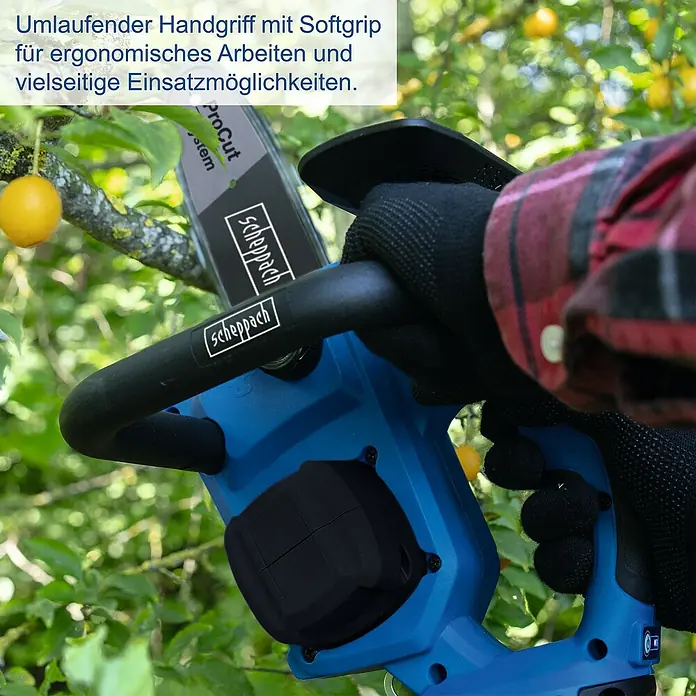 Scheppach IXES 20V Akku-Kettensäge BC-TCS200-X Set L - 20 V, 4 Ah, Li-Ionen, 1 Akku, Schwertlänge: 20 cm - Nahaufnahme einer Scheppach Hochentaster mit umlaufendem Softgrip-Handgriff für ergonomisches Arbeiten und vielseitige Einsatzmöglichkeiten.