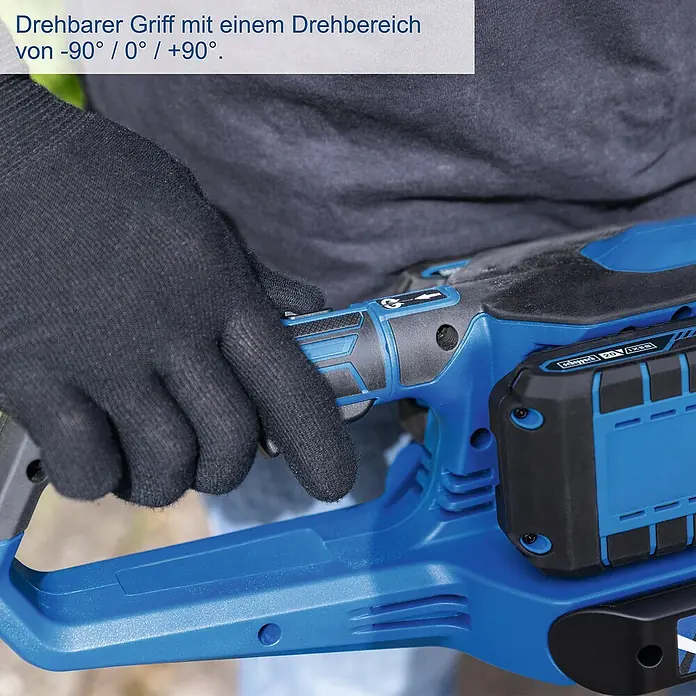 Scheppach IXES 20V Akku-Heckenschere BC-HT720-X Set S2 - 40 V, Li-Ionen, 2 Akkus, Schnittlänge: 65 cm - Nahaufnahme einer Scheppach Akku-Heckenschere mit drehbarem Griff. Ideal für präzise Schnitte in verschiedenen Winkeln.