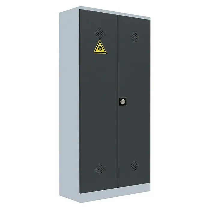 Lüllmann Gefahrstoffschrank - H x B x T: 195 x 91,6 x 42,2 cm, Lichtgrau/Anthrazit, Fertig montiert, Anzahl Böden: 4 Stk. - Abbildung eines grauen Gefahrstoffschranks mit Warnzeichen und Belüftungslöchern, geeignet zur sicheren Lagerung brennbarer Materialien.