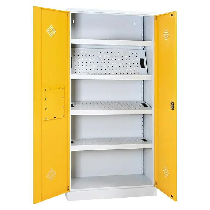 Lüllmann Gefahrstoffschrank - H x B x T: 195 x 91,6 x 42,2 cm, Lichtgrau/Rapsgelb, Fertig montiert, Anzahl Böden: 4 Stk. - Ein gelber und weißer Metallschrank mit mehreren Regalen und perforierten Türen für Werkstatt oder Garage.