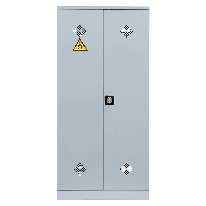 Lüllmann Gefahrstoffschrank - H x B x T: 195 x 91,6 x 42,2 cm, Lichtgrau, Fertig montiert, Anzahl Böden: 4 Stk. - Grauer Gefahrstoffschrank mit Warnhinweis für entzündliche Stoffe und Lüftungsschlitzen. Sichere Lagerung von Chemikalien und brennbaren Materialien.