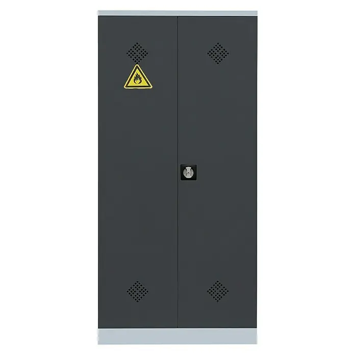 Lüllmann Gefahrstoffschrank - H x B x T: 195 x 91,6 x 42,2 cm, Lichtgrau/Anthrazit, Fertig montiert, Anzahl Böden: 4 Stk. - Ein grauer Sicherheitsschrank mit zwei Türen, gelbem Warnzeichen und Lüftungsschlitzen zur sicheren Lagerung entzündlicher Stoffe.