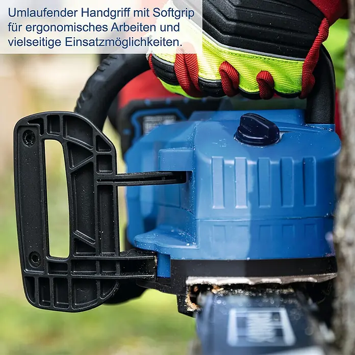 Scheppach IXES 20V Akku-Kettensäge BC-CS355DUO-X Set XL2 - 40 V, 4 Ah, Li-Ionen, 2 Akkus - Akku-Kettensäge mit umlaufendem Softgriff für ergonomisches Arbeiten und vielseitige Einsatzmöglichkeiten.