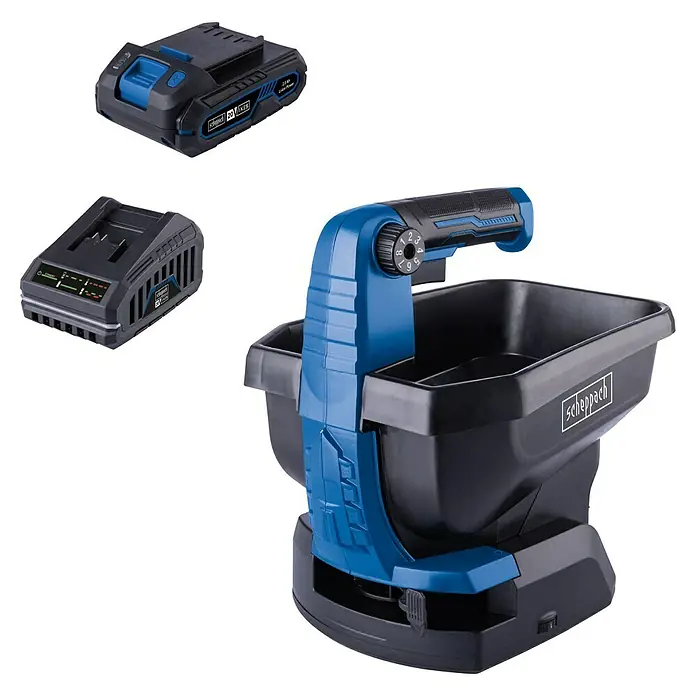Scheppach IXES 20V Akku-Handstreuer C-GSP800-X Set S - 20 V, 2 Ah, 1 Akku - Abbildung eines Scheppach-Streuwagens mit Akku und Ladegerät.