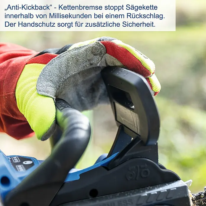 Scheppach IXES 20V Akku-Kettensäge BC-CS355DUO-X Set XL2 - 40 V, 4 Ah, Li-Ionen, 2 Akkus - Die Anti-Kickback-Funktion der Kettensäge stoppt die Kette bei einem Rückschlag in Millisekunden. Der Handschutz sorgt für zusätzliche Sicherheit.