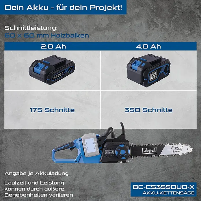 Scheppach IXES 20V Akku-Kettensäge BC-CS355DUO-X Set XL2 - 40 V, 4 Ah, Li-Ionen, 2 Akkus - Akku-Kettensäge BC-CS355DUO-X mit 2,0 Ah und 4,0 Ah Akkus für 175 bzw. 350 Schnitte. Ideal für Holz bis 60 x 60 mm.