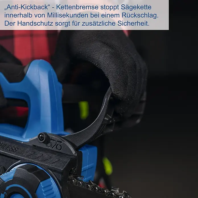 Scheppach IXES 20V Akku-Kettensäge BC-TCS200-X Set L - 20 V, 4 Ah, Li-Ionen, 1 Akku, Schwertlänge: 20 cm - Nahaufnahme einer blauen Kettensäge mit Handschutz. Die Kettenbremse stoppt die Sägekette bei Rückschlag in Millisekunden.