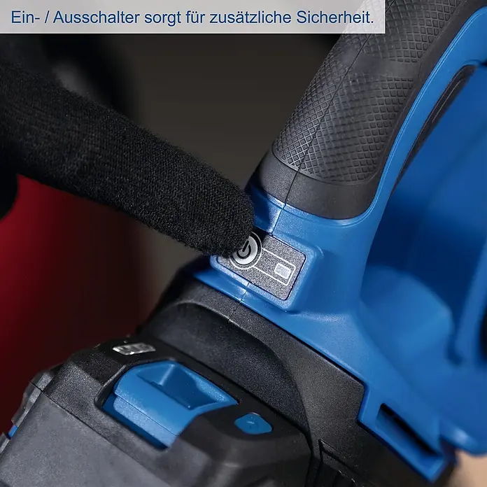 Scheppach IXES 20V Akku-Kettensäge BC-TCS200-X Set L - 20 V, 4 Ah, Li-Ionen, 1 Akku, Schwertlänge: 20 cm - Ein-/Ausschalter für zusätzliche Sicherheit der Akku-Stichsäge. Intuitiv und einfach zu bedienen für erhöhten Bedienkomfort.