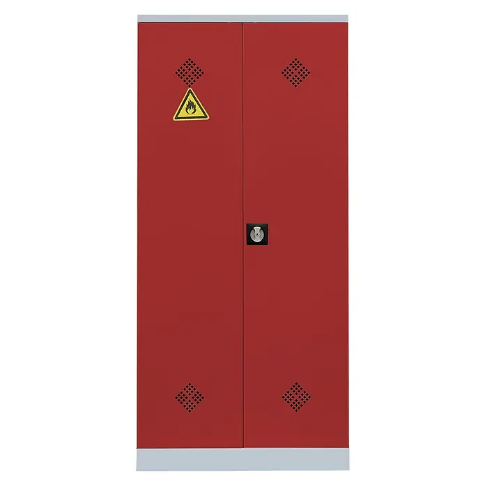Lüllmann Gefahrstoffschrank - H x B x T: 195 x 91,6 x 42,2 cm, Lichtgrau/Feuerrot, Fertig montiert, Anzahl Böden: 4 Stk. - Roter Gefahrstoffschrank zur sicheren Aufbewahrung von entzündlichen Stoffen, versehen mit Warnsymbolen und Lüftungsschlitzen.