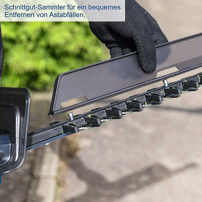 Scheppach IXES 20V Akku-Heckenschere BC-HT720-X Set S2 - 40 V, Li-Ionen, 2 Akkus, Schnittlänge: 65 cm - Astabfallsammler für Heckenscheren zum einfachen Entfernen von Schnittgut. Praktisch und zeitsparend bei der Gartenarbeit.