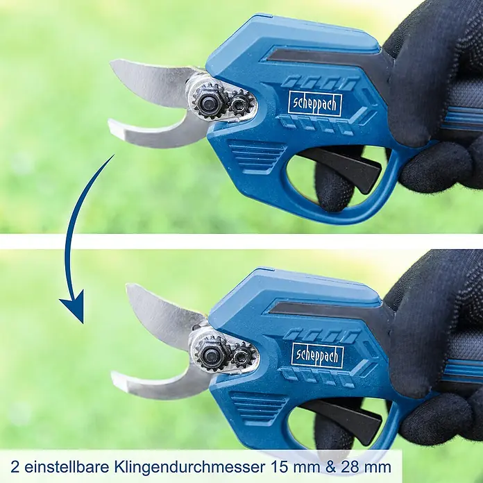 Scheppach IXES 20V Akku-Astschere BC-PRS28-X Set S - 20 V, 1 Akku, Li-Ionen - Das Bild zeigt eine Scheppach Akku-Gartenschere mit 2 einstellbaren Klingendurchmessern von 15 mm & 28 mm.
