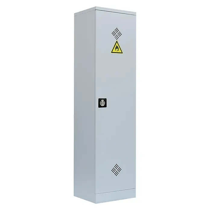 Lüllmann Gefahrstoffschrank - H x B x T: 195 x 50 x 42,2 cm, Lichtgrau, Fertig montiert, Anzahl Böden: 4 Stk. - Grauer Gefahrstoffschrank mit Warnzeichen und Schloss zur sicheren Aufbewahrung von Gefahrstoffen.
