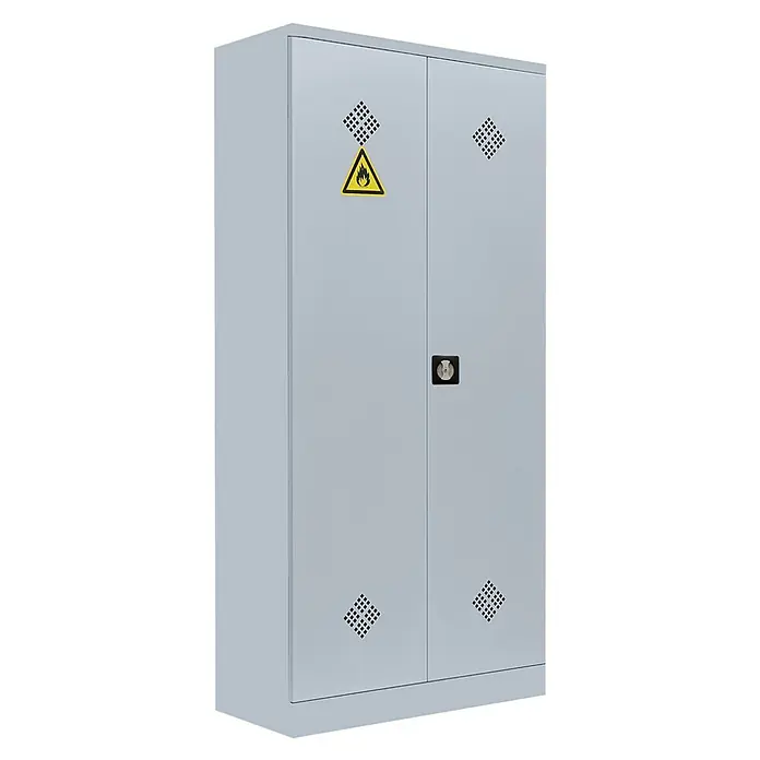 Lüllmann Gefahrstoffschrank - H x B x T: 195 x 91,6 x 42,2 cm, Lichtgrau, Fertig montiert, Anzahl Böden: 4 Stk. - Bild eines grauen Sicherheitsschranks mit Warnsymbolen, der für die sichere Aufbewahrung von Gefahrstoffen geeignet ist.