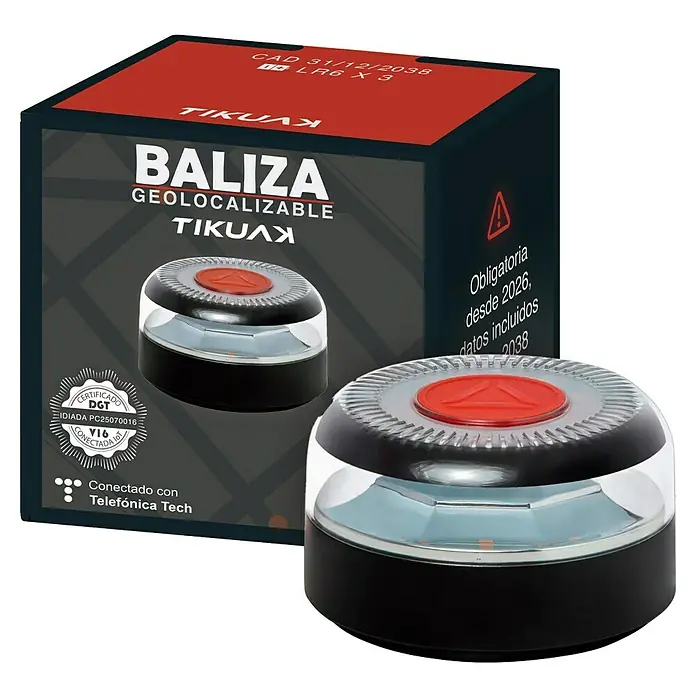 Luz de emergencia ON TIKUAK V16 IoT - Apto para: Avería en el vehículo - Primer plano de una Baliza Geolocation con un triángulo rojo sobre una base negra, empaquetada en una caja con un diseño similar.