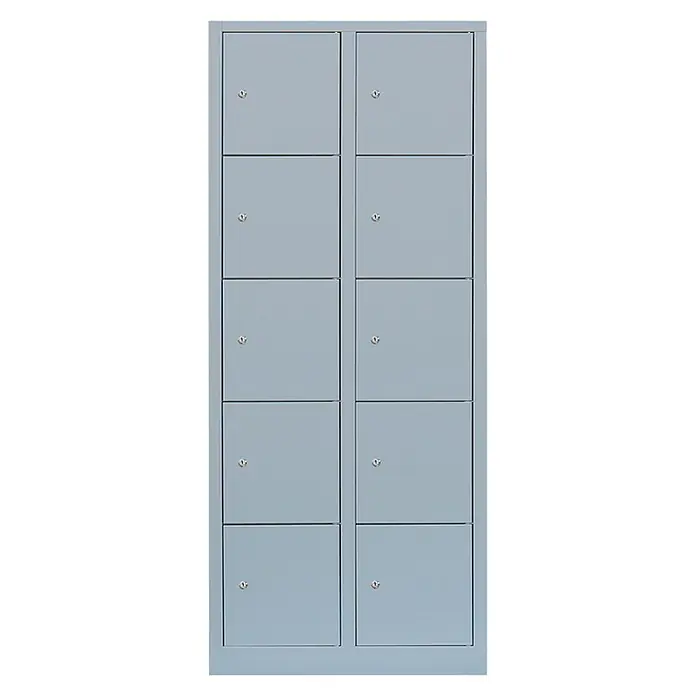 Lüllmann Schließfachschrank XL - H x B x T: 180 x 80 x 45 cm, Lichtgrau, Fertig montiert, Anzahl Fächer: 10 Stk. - Schrankwand mit zehn hellblauen Fächern und zugehörigen silbernen Schlössern. Ideal zur Aufbewahrung im Büro oder Fitnessstudio.