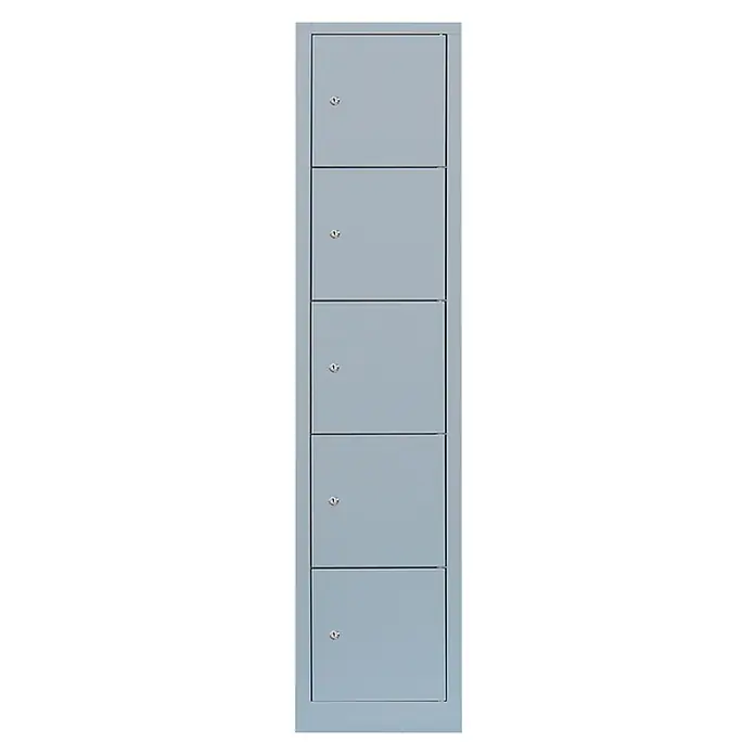 Lüllmann Schließfachschrank XL - H x B x T: 190 x 41,5 x 50 cm, Lichtgrau, Fertig montiert, Anzahl Fächer: 5 Stk. - Grauer, schmaler Metallschrank mit fünf abschließbaren Fächern, ideal für Büro oder Schule zur sicheren Aufbewahrung persönlicher Gegenstände.