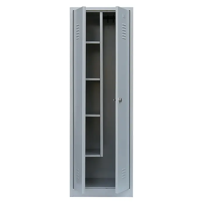 Lüllmann Geräteschrank - H x B x T: 180 x 60 x 50 cm, Lichtgrau, Fertig montiert, Anzahl Türen: 2 Stk. - Innenansicht eines grauen Metallspinds mit offenen Türen, der Ablagefächer und eine Kleiderstange zeigt. Ideal für Organisation und Lagerung.