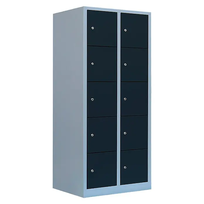 Lüllmann Schließfachschrank XL - H x B x T: 180 x 80 x 45 cm, Lichtgrau/Anthrazit, Fertig montiert, Anzahl Fächer: 10 Stk. - Metallschrank mit blauen Türen und silbernem Rahmen. Perfekt für die sichere Aufbewahrung von Gegenständen in Büros oder Schulen.