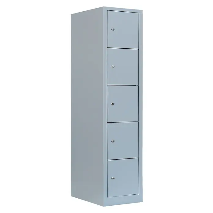 Lüllmann Schließfachschrank XL - H x B x T: 190 x 41,5 x 50 cm, Lichtgrau, Fertig montiert, Anzahl Fächer: 5 Stk. - Grauer Spind mit fünf abschließbaren Fächern. Ideal für Büros, Schulen oder Fitnessstudios zur sicheren Aufbewahrung persönlicher Gegenstände.