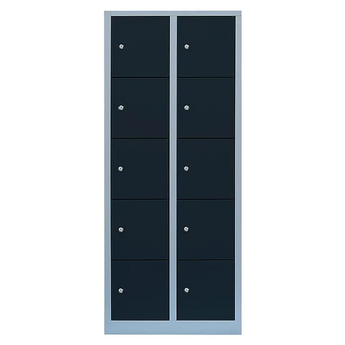 Lüllmann Schließfachschrank XL - H x B x T: 180 x 80 x 45 cm, Lichtgrau/Anthrazit, Fertig montiert, Anzahl Fächer: 10 Stk. - Bild von einem grauen Spindschrank mit 10 schwarzen Türen, der eine praktische und sichere Aufbewahrungslösung darstellt.