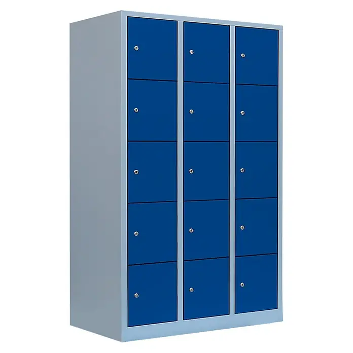 Lüllmann Schließfachschrank XL - H x B x T: 190 x 118,5 x 45 cm, Lichtgrau/Enzianblau, Fertig montiert, Anzahl Fächer: 15 Stk. - Ein Schrank mit zwölf blauen Türen und Schlössern, ideal für die sichere Aufbewahrung von persönlichen Gegenständen in Schulen oder Fitnessstudios.