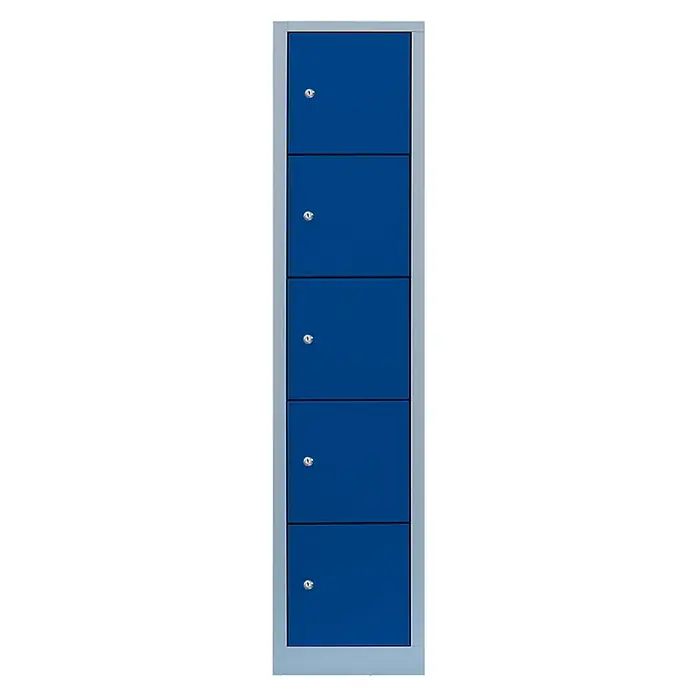 Lüllmann Schließfachschrank XL - H x B x T: 190 x 41,5 x 50 cm, Lichtgrau/Enzianblau, Fertig montiert, Anzahl Fächer: 5 Stk. - Ein blauer Schrank mit fünf Fächern und Schlössern. Er ist in einem hellgrauen Rahmen eingefasst. Ideal zur Aufbewahrung von Wertgegenständen.