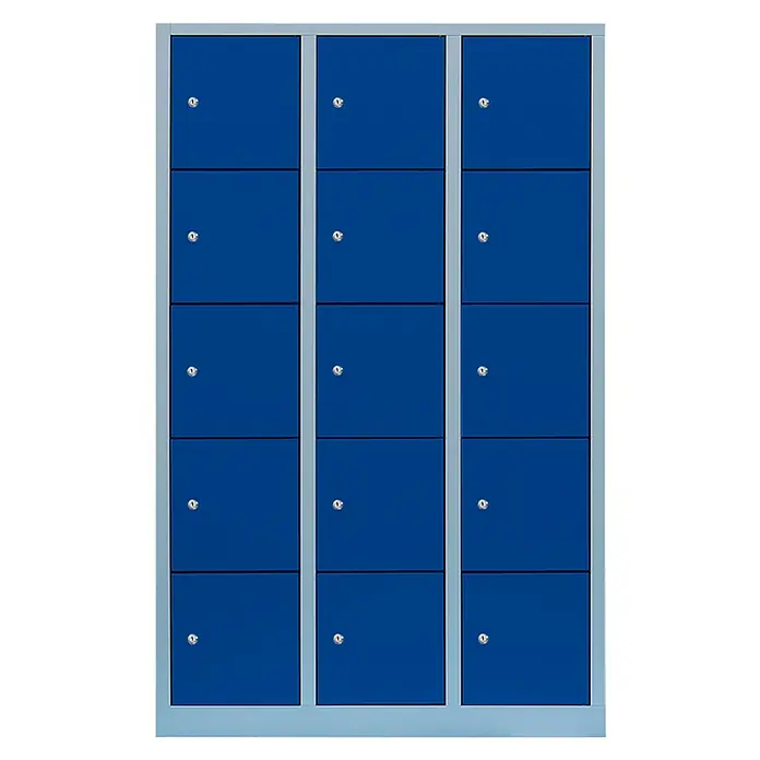 Lüllmann Schließfachschrank XL - H x B x T: 190 x 118,5 x 45 cm, Lichtgrau/Enzianblau, Fertig montiert, Anzahl Fächer: 15 Stk. - Blaue Spinde mit silbernen Rahmen, bieten eine sichere Aufbewahrungslösung, ideal für Schulen und Fitnessstudios.