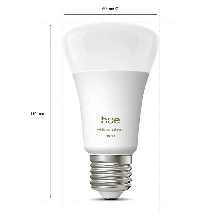 Philips Hue Smart-LED-Lampen Set White 1100 matter - E27, 8,1 W, 1.100 lm, 2 Stk. - Produktbild einer Philips Hue White Ambiance 1100 LED-Lampe. Die Lampe ist 110 mm hoch und hat einen Durchmesser von 60 mm.