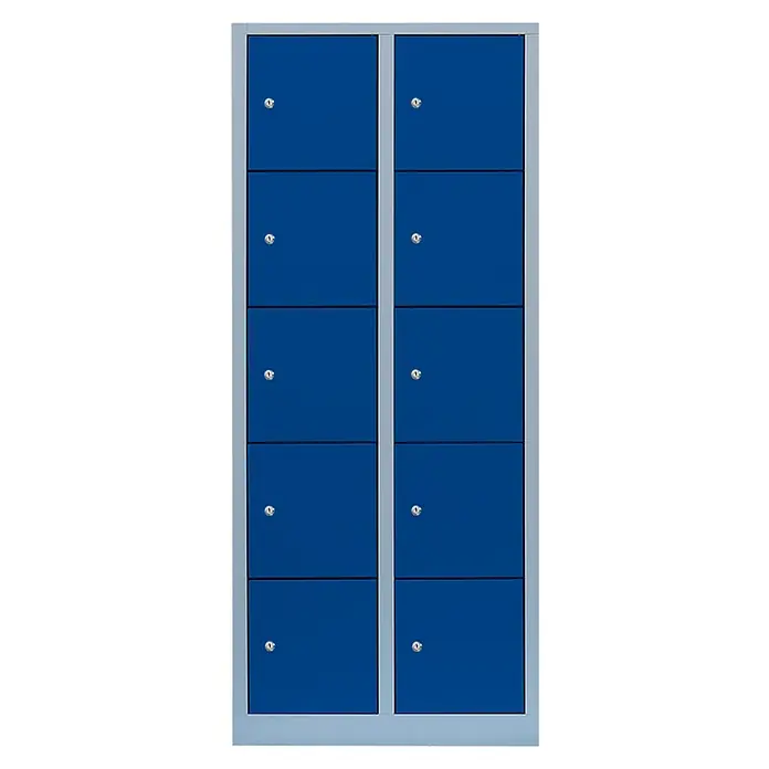 Lüllmann Schließfachschrank XL - H x B x T: 180 x 80 x 45 cm, Lichtgrau/Enzianblau, Fertig montiert, Anzahl Fächer: 10 Stk. - Blauer Spind mit zehn Fächern und stabilen Schlössern. Ideal für Schulen, Fitnessstudios und Arbeitsplätze zur sicheren Aufbewahrung persönlicher Gegenstände.