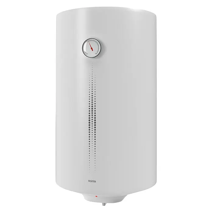 Rointe Termo eléctrico Iris - 80 l, 1.500 W, Montaje en la pared - Imagen del producto de un calentador de agua Rointe blanco con indicador de temperatura.