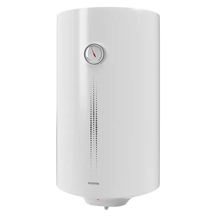 Rointe Termo eléctrico Iris - 50 l, 1.500 W, Montaje en la pared - Un calentador de agua Roointe blanco con un indicador de temperatura. El dispositivo muestra una temperatura media.