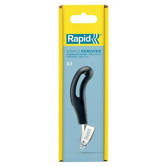 Rapid Klammerentferner R3 - Alle Klammertypen - Nahaufnahme eines Rapid R3-Klammerentferners in einer gelb-blauen Verpackung, der ein praktisches und effizientes Werkzeug zum Entfernen von Klammern darstellt.