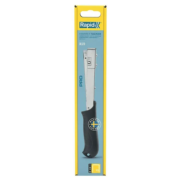 Rapid Hammertacker R19 - Klammertiefe: 4 mm - 6 mm, Geeignet für: Feindrahtklammer Typ 53 - Die Verpackung des Rapid R19 Hammer Tackers, ein professionelles Werkzeug zum schnellen und effizienten Anbringen von Klammern.