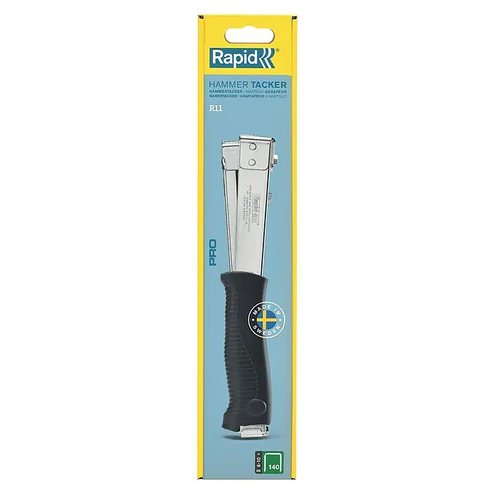 Rapid Hammertacker R11 - Klammertiefe: 6 mm - 10 mm, Geeignet für: Flachdrahtklammern Nr. 140 - Die Abbildung zeigt einen Rapid R11 Hammer Tacker in seiner gelb-blauen Verpackung, ein unverzichtbares Werkzeug für Profis.
