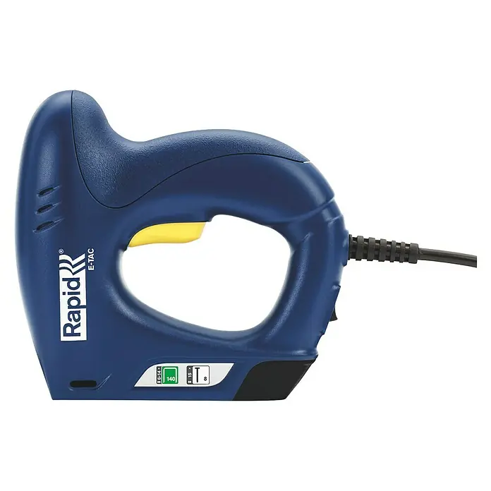 Rapid Kombi-Elektrotacker E-TAC - Klammertiefe: 6 mm - 14 mm, Länge Nagel: 15 mm - Abbildung eines blauen Rapid E-TAC Elektrotackers, eines Werkzeugs zum schnellen und effizienten Anbringen von Klammern oder Nägeln auf verschiedenen Materialien.