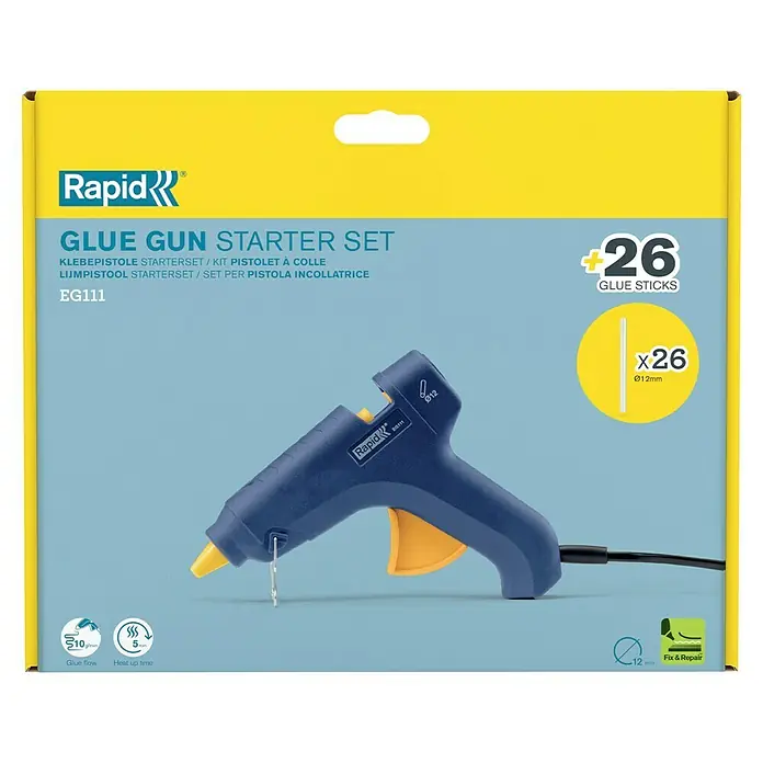 Rapid Heißklebepistole EG111 - 250 W, Durchmesser Klebepatrone: 12 mm, 160 °C - 180 °C - Bild einer Rapid Heißklebepistole Starterset EG111 mit 26 Klebesticks, ideal zum Basteln und Reparieren.