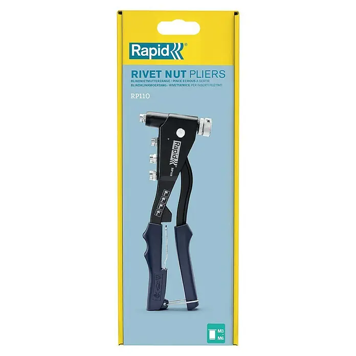 Rapid Blindnietzange RP110 - Geeignet für: Blindnietmuttern M3 - M6 - Nahaufnahme der Rapid RP110 Nietmutternzange, ideal für präzise Blindnietarbeiten. Das Werkzeug ist ergonomisch gestaltet für komfortable Handhabung.