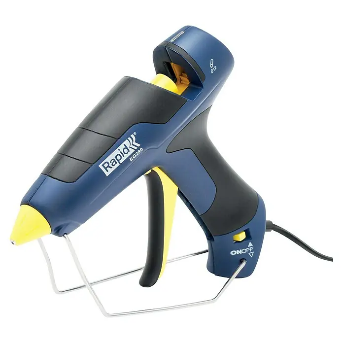 Rapid Heißklebepistole EG 280 - 350 W, Durchmesser Klebepatrone: 12 mm, 180 °C - 200 °C - Eine Rapid EG280 Klebepistole in Blau und Schwarz auf einem Metallständer. Ideal für Bastelarbeiten und Reparaturen im Haushalt.