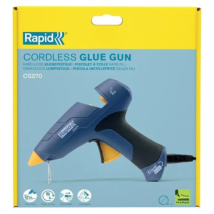 Rapid Heißklebepistole CG 270 - 250 W, Durchmesser Klebepatrone: 12 mm, 180 °C - 200 °C - Eine kabellose Rapid CG270 Klebepistole in Blau und Gelb auf der Produktverpackung. Ideal für schnelle Reparaturen und Bastelarbeiten.