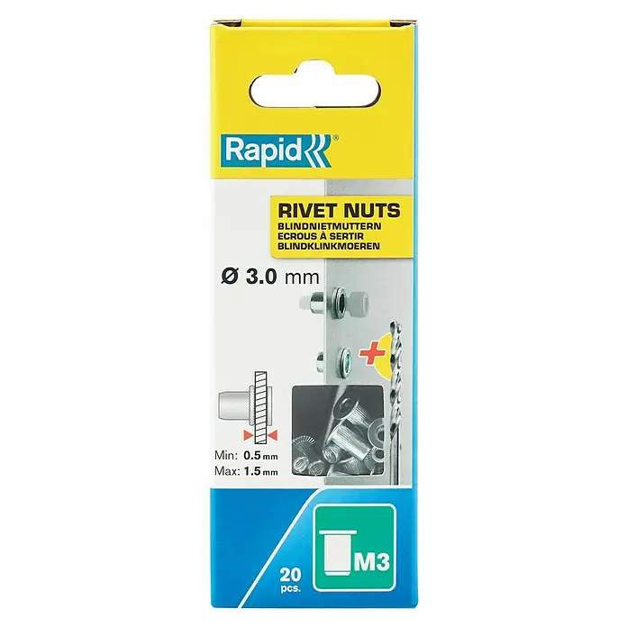 Surtido de remaches ciegos - Diámetro de remache: 0,3 mm, 20 ud. - Paquete de tuercas remachables Rapid, 3.0 mm de diámetro, 20 piezas, M3, perfecto para una variedad de aplicaciones en artesanía y bricolaje.