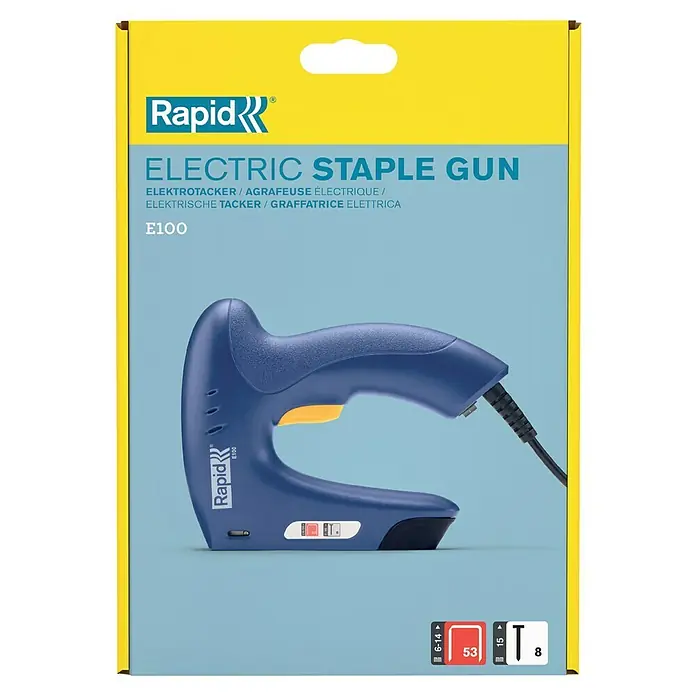 Rapid Kombi-Elektrotacker E100 - Klammertiefe: 6 mm - 14 mm, Länge Nagel: 15 mm - Abbildung einer Rapid E100 Elektrotackers in Blau/Gelb. Ideal für Heimwerker- und Renovierungsarbeiten.