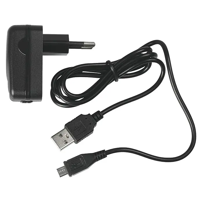 Rapid Akku-Heißklebepistole BGX7 - Durchmesser Klebepatrone: 7 mm, 1 Akku, 3,6 V - Schwarzes Ladegerät mit USB- und Micro-USB-Anschlüssen für vielseitige Gerätekompatibilität. Ideal zum Aufladen von Smartphones und Tablets.