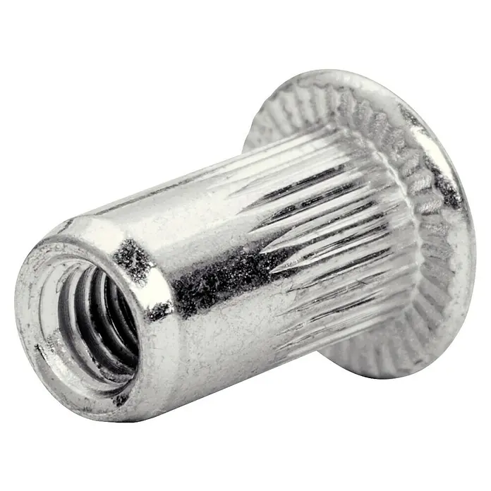 Surtido de remaches ciegos - Diámetro de remache: 0,3 mm, 20 ud. - Primer plano de una tuerca remachable plateada, un elemento de fijación roscado con una rosca interna y una brida moleteada para conexiones seguras.