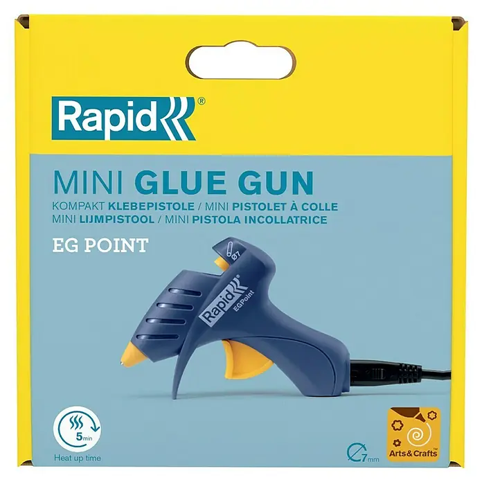 Rapid Heißklebepistole EG Point - 100 W, Durchmesser Klebepatrone: 7 mm, 160 °C - 180 °C - Mini-Heißklebepistole EG Point von Rapid in Gelb und Blau, ideal für Bastelarbeiten. Kompaktes Design für präzises Kleben.