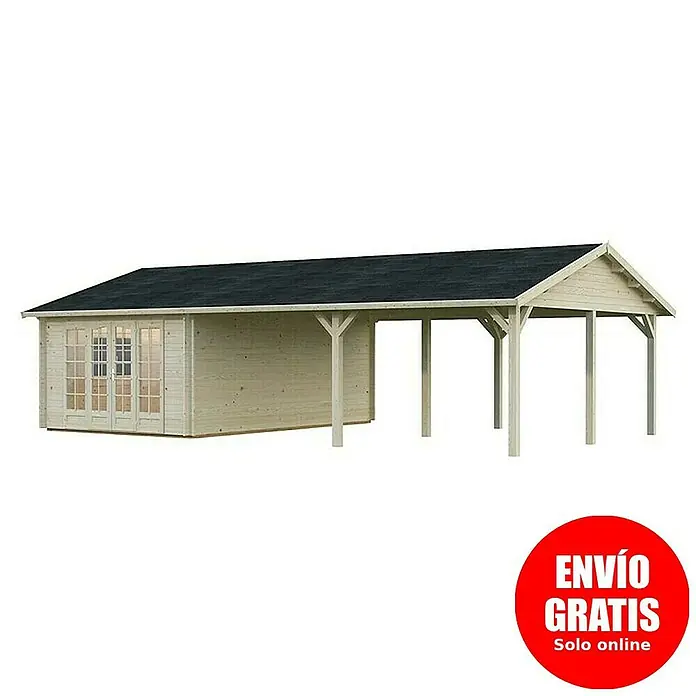 Palmako Caseta de jardín Irene - Medidas ext. (An x Pr): 1.006 x 619 cm, Madera sin tratar, Natural - Imagen de una caseta de jardín de madera con extensión de carport, ideal para el jardín. La casa tiene ventanas y cubierta oscura.