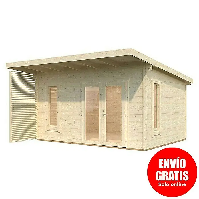 Palmako Caseta de jardín Grace - Medidas ext. (An x Pr): 483 x 497 cm, Madera, Natural - Imagen de una caseta de jardín de madera con puertas dobles y ventanas para exterior.
