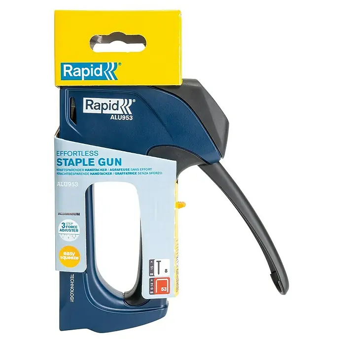 Rapid Handtacker ALU953 - Klammertiefe: 6 mm - 14 mm, Geeignet für: Klammern Typ 53 - Das Rapid ALU953 ist ein müheloses, aluminiumgefertigtes Handtacker-Gerät, ideal für vielfältige Befestigungsarbeiten im Heim- und Werkstattbereich.