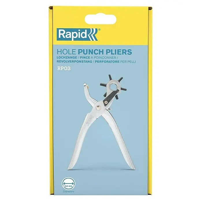 Rapid Lochzange RP03 - Verstellbar: 2,5 mm - 4,5 mm - Verpackung einer Rapid Lochzange RPO3, ideal zum Stanzen von Löchern in Leder, Textilien und andere Materialien mit Durchmessern von 2,0–4,5 mm.
